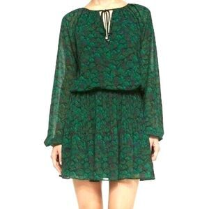 Michael Kors Printed Peacock Feather Long Sleeve Crepe Pleated Party Dress